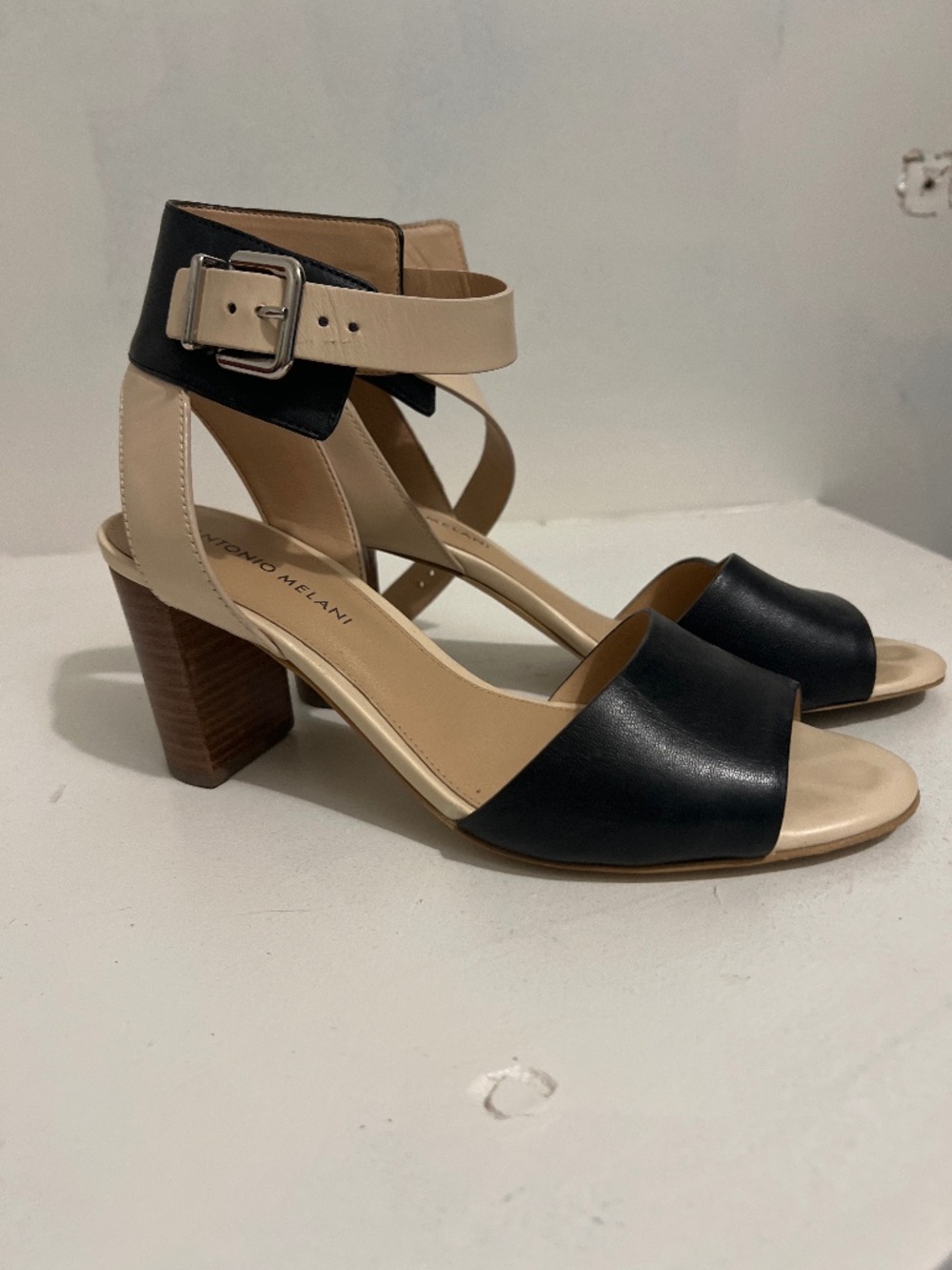 Cream and Black Block Heel